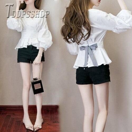 White color v neck women blouse 2019 lantern sleeve elegant female blouses