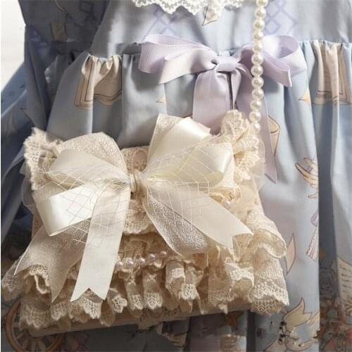 Sweet Lolita Beige Lace Bow Shoulder Bags Women Handbag Messenger Bag With Pearl Chain B1727