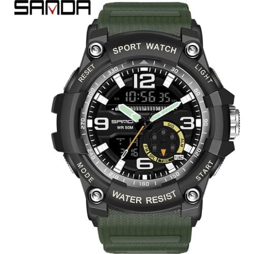 SANDA Sport Mens Watches Dual Display Digital Quartz Wristwatch Waterproof Military Watch for Men Clock relogios masculino 3036