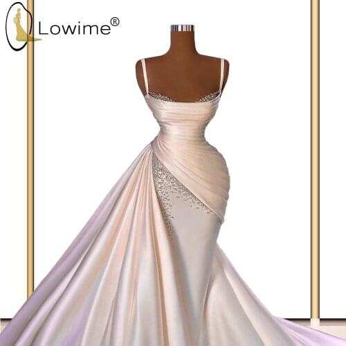 Ivory Spaghetti Mermaid Wedding Dresses 2021 Court Train Pearls Bridal Gowns Vestidos De Novias Robes De Mariage