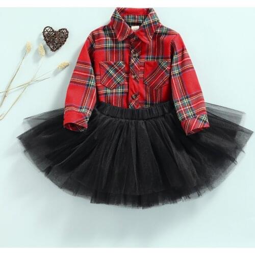 Baby Long-sleeve Shirt + Mini Mesh Skirt Outfit British Plaid Print Multi Layer Yarn Skirt Set Sweet Spring Autumn Clothing