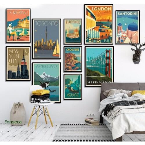 Famous City Travel Poster Cartoon London New York Italy Landscape Canvas Painting Wall Art Pictures For Living Room Decor
