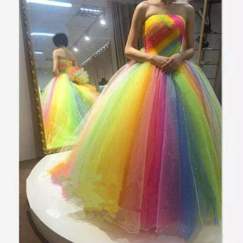 Colorful Rainbow Strapless Prom Dresses robes de soiree Tulle Prom Formal Evening Party Gowns Abendkleid