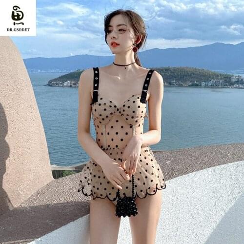 GSODET Swimsuit 2021 New Korean Women Sexy One-Piece Mesh Polka Dot Skirt Style Swimwear Bathing Suit Beachwear