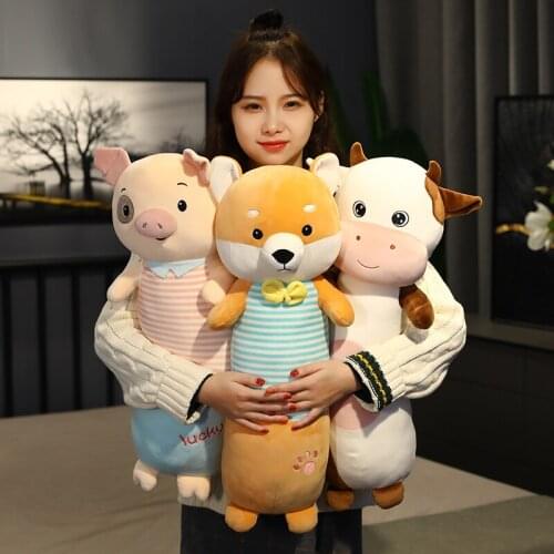 Cartoon Animals Plush Long Pillow Sofa Cushion Cow Pig Dog Soft Stuffed Toys Bedroom Sleeping Long Pillow For Girls Gifts