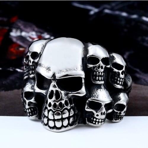 Exaggerated Punk 316 Stainless Steel Rings For Men Skull Head Bone Face Motorbike Boy Finger Accessories Ring Halloween Gifts