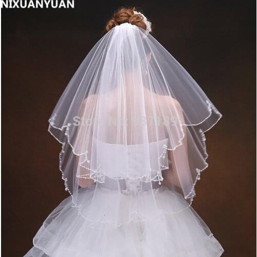 NIXUANYUAN Free Shipping 2T 2 Tier Scallop Beaded Edge Dangle Teardrop Crystal Bridal Wedding Veil with Comb