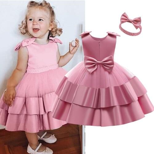 Newborn baby girl birthday dress for 1 year girl tutu princess bowknot gown infant party wear little baby formal frocks pink
