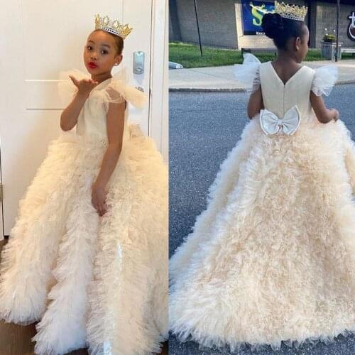 Ivory Luxurious Tiered Flower Girl Dresses Tulle Bow Lilttle Kids Birthday Pageant Weddding Ball Gown
