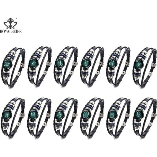 ROYALBEIER New Arrivals Fashion Multiple Layer 12 Constellations Leather Zodiac Bracelet Weave Rope Braslet Jewelry