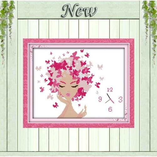 Pink woman beauty girl clock decor painting counted printed on canvas DMC 14CT 11CT Cross Stitch Needlework Sets Embroidery kits