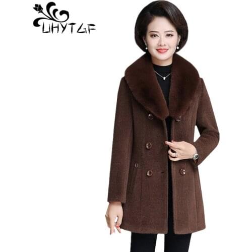 UHYTGF Woolen coat womens fashion fur collar casual autumn winter coat female quality Mink Cashmere wool coat 5XL plus size 532