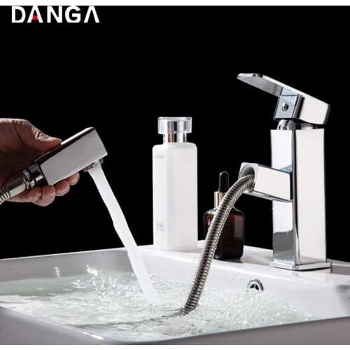 Basin Faucets Bathroom Sink Tap Brass Bathtub Mixer Single Hole Pull-out Faucet Hot and Cold Water Faucet Rotatable Shampoo Tap