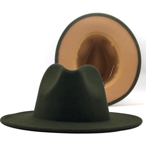 Unisex Outer Army Green Inner tan Wool Felt Jazz Fedora Hats with Thin Belt Buckle Men Women Wide Brim Panama Trilby Cap L XL