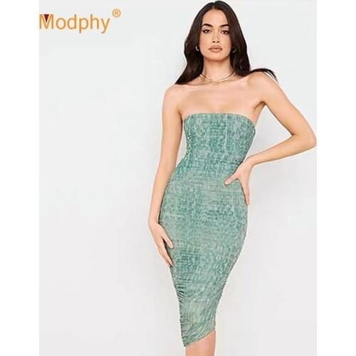 WomenS Pleated Print Bodycon Dress Green Sexy Strapless Club Celebrity Party Evening Runway Female Midi Dress 2021 Summer New