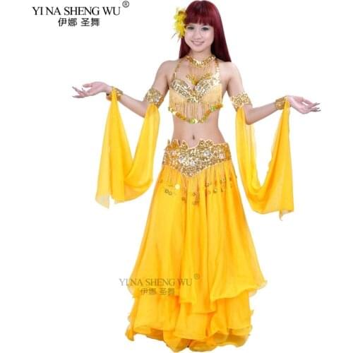 Women Sexy Belly Dance Top Bra & Belt & Skirt 3 Pieces Belly Dance Costume Outfit Set Bras & Belt Female Bollywood Dance Clothes