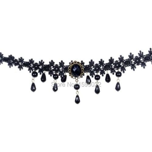 Woman Lace Statement Choker Necklace Vintage Beaded Water Drop Pendants Vintage Jewerly Black False Collar Costume Accessories