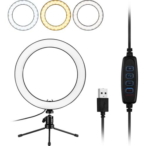 10inch LED Ring Light Photography Fill-in Lamp 3 Lighting Modes Dimmable USB Powered with Mini Desktop Tripod for Live Recording