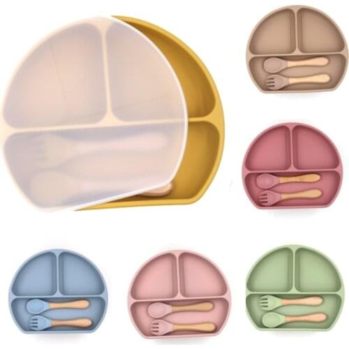 3PCS Childrens Silicone Tableware Set With Lid Fresh-Keeping Feeding Fork Spoon Food Grade Silicone Baby Gift