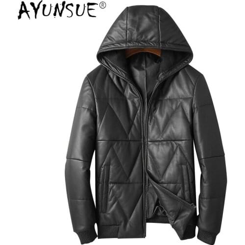 AYUNSUE 2021 Winer Warm Genuine Leather Jacket Men Real Sheepskin Jacket Mens Hooded Black Down Coats Casual Ropa Hombre SQQ302