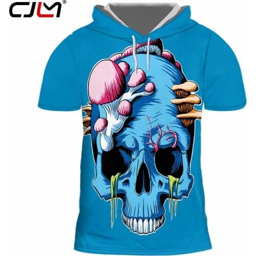 CJLM New 3D Blue Skull Man Hooded Tshirt Printed Scary Brain Pattern Mens Hip Hop Tee Shirt Hot Sale Unisex T-shirt Recommend