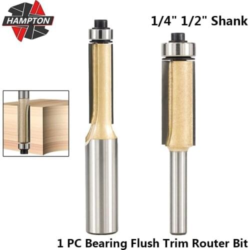 Hampton 1pc 1/4" 1/2" Shank Flush Trim Router Bit For Wood Bearing Trimming Cutter Carbide End Mill Pattern Bit Woodworking Tool