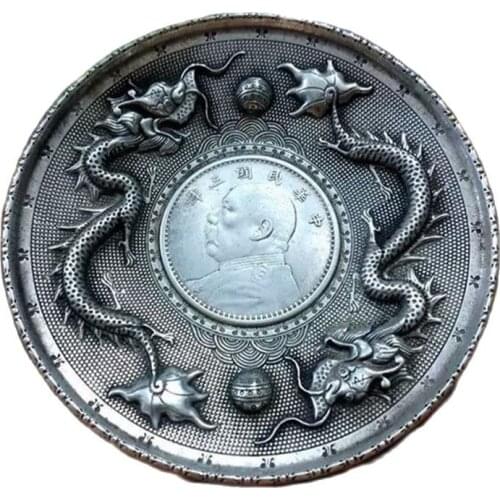 China old Carved Tibetan silver writing-brush washer ornaments Double dragon plates