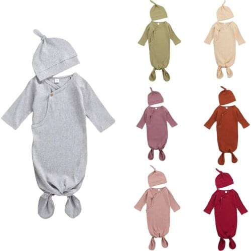 2 Pcs Baby Sleeping Bag+Hat Set Solid Knitted Swaddle Wrap Blanket Sleepsack+Tail Knotted Beanie Cap Kit for Newborn