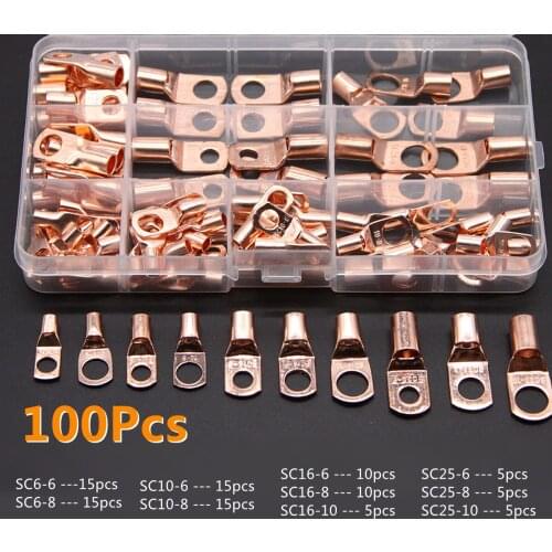 100Pcs Purple Copper Terminal Eletrico Wire Crimp Connector Electrical Connectors SC6 SC10 SC16 SC25 Kit Car Accessories