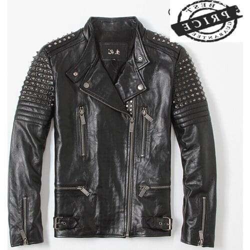 Leather 100% Genuine Jacket Men Rivet Motociclista Biker Real Cow Leather Coat Man Fashion Streetwear Fit Chaqueta 166a