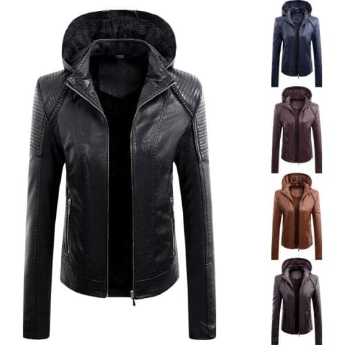 2021 Hot Selling Autumn Winter Womens Outerwear Hooded Detachable Fleece Warm Zipper Jacket Ladies Leather Slim Punk Jacket Coat