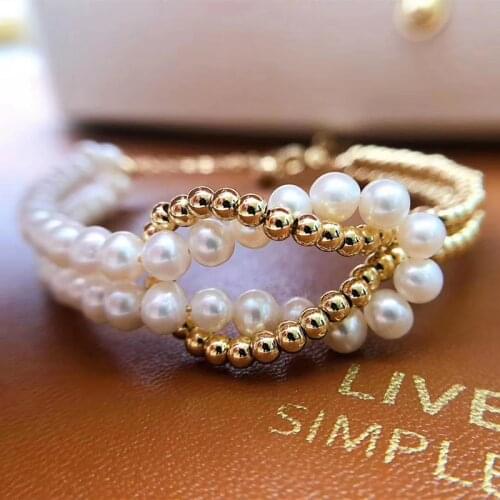 Best seller bridalNew design fashion double rows natural white real pearls jewelry women gold bracelet with 5cm extension