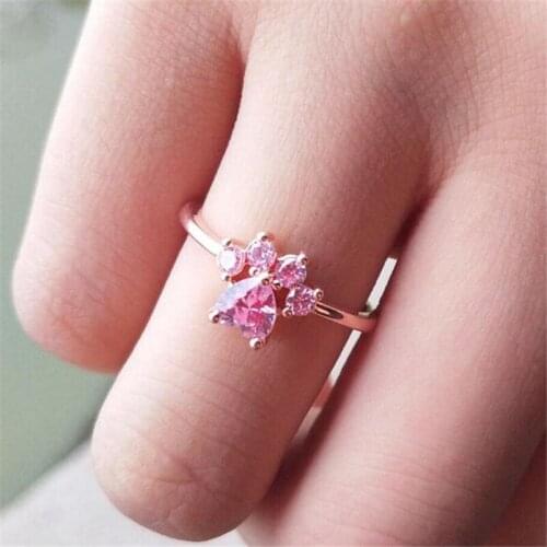 Minimalist pink crystal glass cute cat claw charm gold resizable adjustable ring for woman finger hand jewelry gift 2020