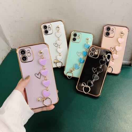 Fashion Heart Wrist Chain Plating Edge Phone Case for iPhone 12 Mini 11 Pro XS Max Wristband Hand Holder Shockproof Soft Cover