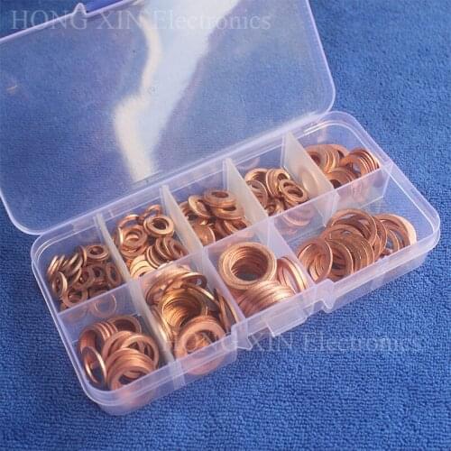 200pcs 9 Sizes Copper Washer Gasket Set Flat Ring Seal Kit Set with Plastic Box M5/M6/M8/M10/M12/M14 For Generators Machinery