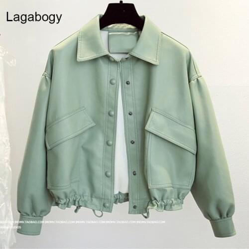 Lagabogy 2021 New Women Streetwear Brown Faux Leather Jacket Autumn Winter Long Sleeve Short Coats Loose Warm Moto Biker Outwear