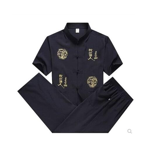 New 4 Colors Mens Short Sleeve Martial Arts Kung Fu Uniform Chinese Style Tang Suit With Dragon Pattern Taichi Clothing