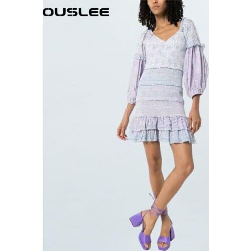 OUSLEE Vintage French Style Mini Dress Women Patchwork Elastic Ruffle Dresses Fashion Spring Lantern Sleeve Dress Vestidos Mujer