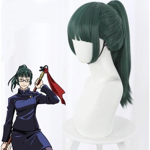 Anime Jujutsu Kaisen Maki Zen'in Cosplay Wig Green Color High Ponytail Type Maki Zenin Wigs