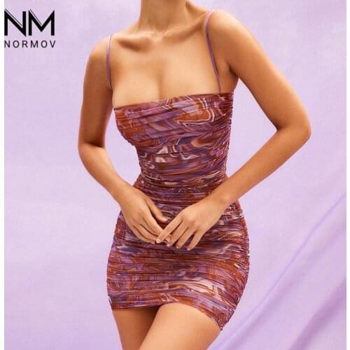 NORMOV Printed Dresses for Women 2021 Tassel Casual Pleated Summer Dress Backless Sleeveless Sling Short Sbodycon Dress Women