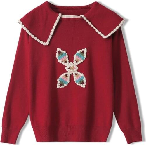 Flowers Embroidery Cute Sweet Runway Autumn Doll Collar Pullover Long Sleeve Loose Knit Red Luxuty Oversize Slim Women Sweaters