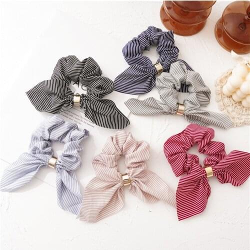 New Korean Style Rabbit Ears Chiffon Metal Buckle Striped Large Intestine Circle Female OL All-match Hair Accessories
