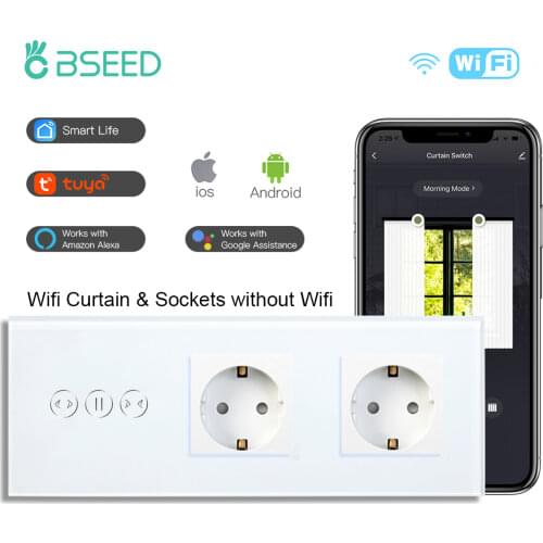 BSEED Wifi Curtain Switch Touch Wall Switch EU Smart Socket Wireless Control Tuya Google Alexa Crystal Panel Blue Backlight