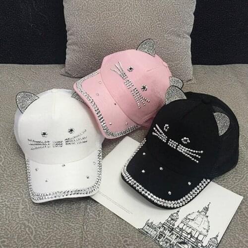 Spring And Summer Female Baseball Cap Rhinestone Parent Child Cat Ear Hat Outdoor Sunscreen Hats Cute Korean Fashion Caps