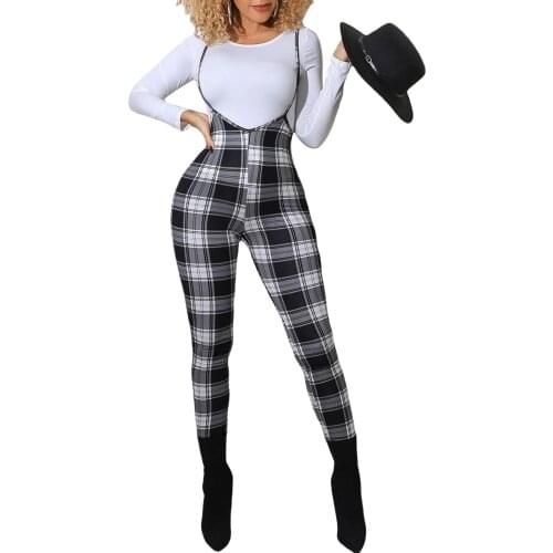 Womens Suspender Pants Plaid High Waist Skinny Jumpsuit Spring Autumn Ladies Casual Pencil Pants Trousers