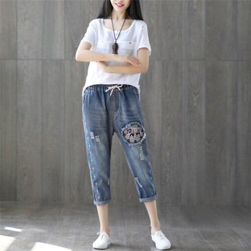 Plus Size M-3XL Womens Embroidery Jeans Elastic Waist Vintage 8/10 Denim Pants