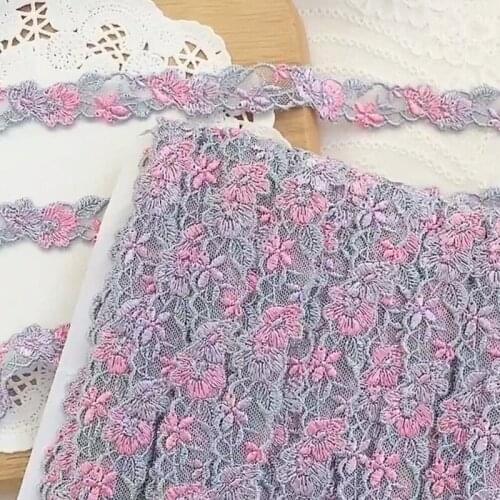 2cm 14-15yards/lot Small Flower Embroidered Mesh Lace Trimming Light Pink-purple-grey Flower DIY Decoration Material X1022