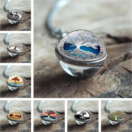 2021 Trendy Double-sided Glass Ball Pendant Fashion Tree of Life Necklace Pop Art Painting Retro pendant Necklace Women Jewelry