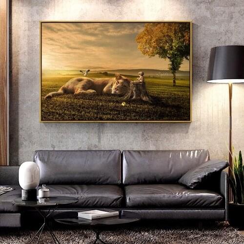 Artcozy Oil Canvas Painting friendship_between_a_lion_and_a_child For Home Decoration Wall Art