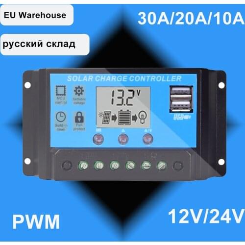 30A/20A/10A 12V 24V Auto Solar Charge Controller PWM Controllers LCD Dual USB 5V Output Solar Panel PV Regulator